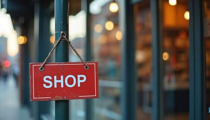 Red shop sign hangs on pole outside storefront. Business closure concept. Economic impact, retail business suffering. Financial difficulties, small business struggle. Import tariffs, trade issues