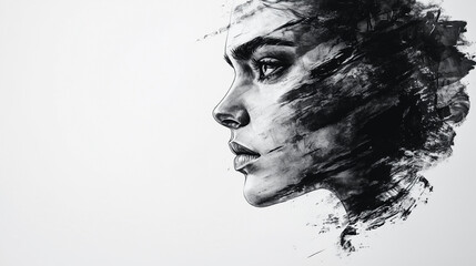 Woman face in abstract expressionist style and traditional ink wash painting