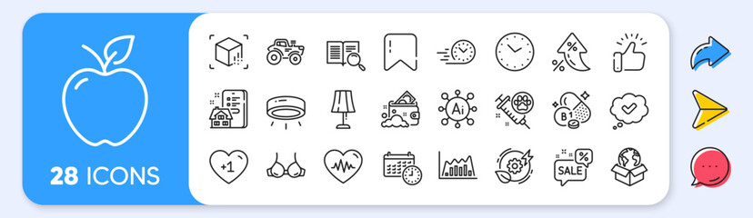 Augmented reality, Dog vaccination and Search text line icons. Interest rate, AI generate, Inflation icons. Pack of Discounts bubble, Table lamp, Property agency icon. Vector