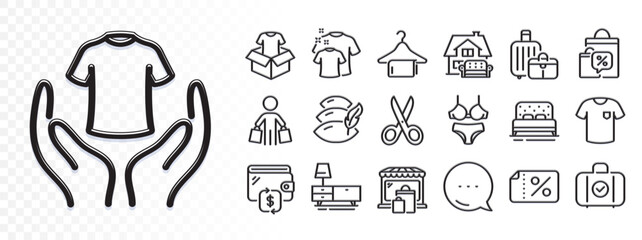 Furniture moving, Carry-on baggage and T-shirt line icons for web app. Glare of light effect. Message icon. Pack of Bed, Baggage, Market pictogram icons. Buyer, Pillow, Wallet signs. Vector