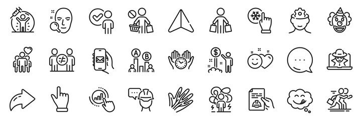 Fraud, Freezing click and Veins line icons pack. Share, Message, Paper plane icons. Discrimination, Income money, Foreman web icon. Ab testing, Smile, Face search pictogram. Vector