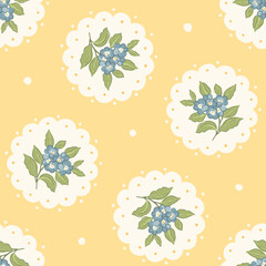 Delicate vintage forget-me-not vector seamless pattern, classic blue spring flowers in white scalloped medallions on sunny yellow background. Nostalgic 50s floral design. Traditional cottagecore print