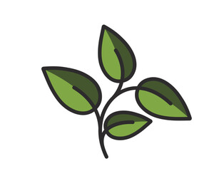 Curved plant with four leaves illustration in green colors. Nature, spring and planting design element. Isolated vector illustration