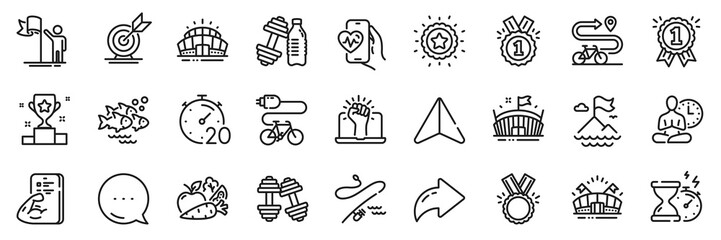 Bike path, Sports arena and Timer line icons pack. Share, Message, Paper plane icons. Yoga, Winner star, Empower web icon. Dumbbells, Cardio training, Reward pictogram. Vector © blankstock