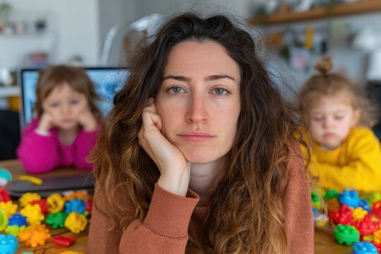 A tired mother with two children in the background working remotely from home with kids, feeling stressed and overwhelmed by the challenges of balancing work and family life