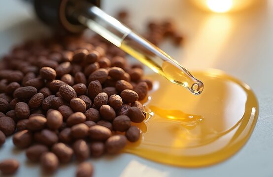 Macro shot of bakuchiol seeds and Vitamin C serum. Dropper drips yellow liquid. Transparent liquid serum bubble on white table. Skincare, anti-aging cosmetic with natural ingredients.