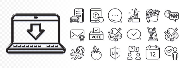 Quick tips, Car registration and Internet downloading line icons for web app. Glare of light effect. Message icon. Pack of Verification person, International flight, Eco food pictogram icons. Vector