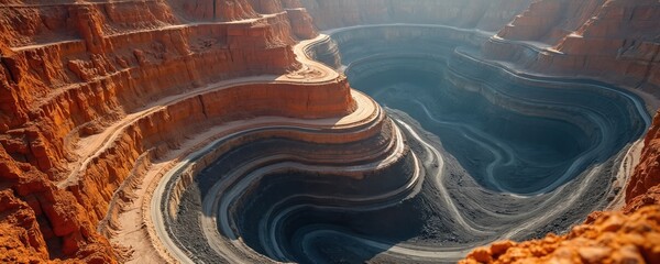 Aerial view of open pit mine quarry. Industrial landscape of large mining pit with heavy equipment, roads, trucks. Mineral extraction, ore excavation. Gold, iron, copper mining. Deep pit quarry site.