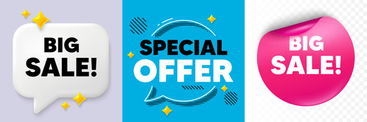 Big sale speech bubble. 3d sparkles chat, Paper sticker. Big Sale tag. Special offer price sign. Advertising Discounts symbol. Special offer bubble. Halftone dots pattern. Vector