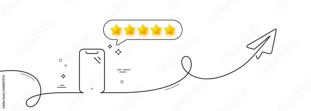 Poster smartphone line icon. continuous line with share plane. phone sign. mobile device symbol. five star 