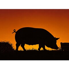 Silhouette of a Pig at Sunset Farm Animal Rural Scene