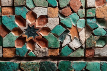 A captivating close-up of an intricate mosaic wall, adorned with vibrant colors and geometric patterns, showcasing the beauty of traditional craftsmanship, featuring a central star design.