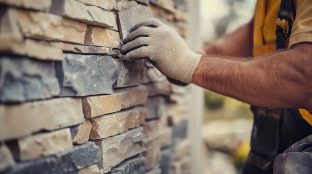 Mason installing decorative stonework on a house exterior. Featuring masonry and stone installation