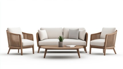 Fototapeta premium Modern Wooden Living Room Furniture Set with Beige Cushions and Minimalist Design for Interior Decoration