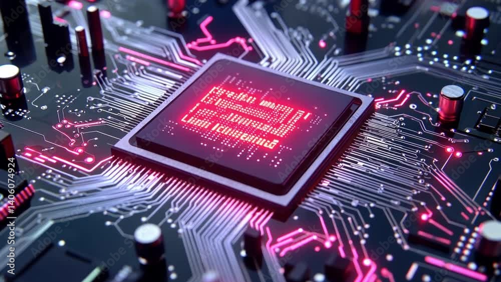 Poster close-up of a central processing unit (cpu) with illuminated circuits. high-tech digital technology 