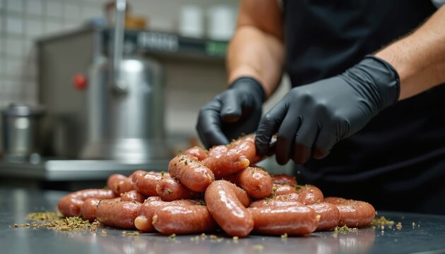 Chef prepares fresh minced pork sausages in a pub. Close-up of hands in black gloves. Natural ingredients ready for cooking, food industry. Sausages for sale or serving on table. Restaurant cuisine.