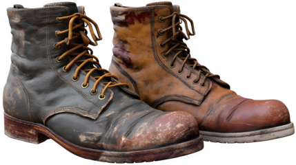 A pair of worn leather boots side by side isolated on transparent background, hd realistic 8k, --ar 16:9 --v 7.0