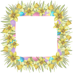 Frame of spring flowers with Easter eggs, watercolor illustration isolated on white. Narcissus and eggs hand drawn pastel tones for Easter cards, packaging and festive decor