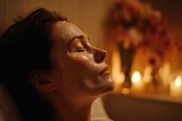 A serene woman with a facial mask relaxes in a spa, bathed in soft candlelight with closed eyes, enjoying a moment of tranquility and skin rejuvenation.