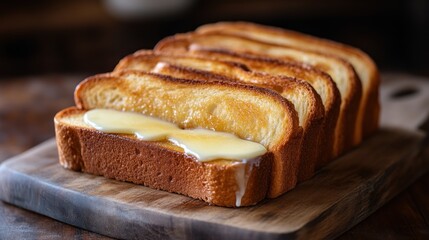 Toasted Bread Slices with Melting Butter on a Wooden Cutting Board Freshly Baked Golden Crust