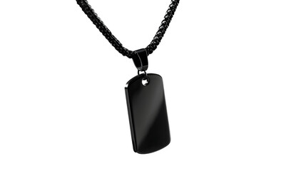 Black dog tag pendant on a chain, isolated against a plain black background --ar 16:9 --v 7.0