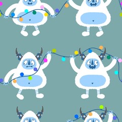 Winter monsters seamless Christmas yeti pattern for wrapping paper and fabrics
