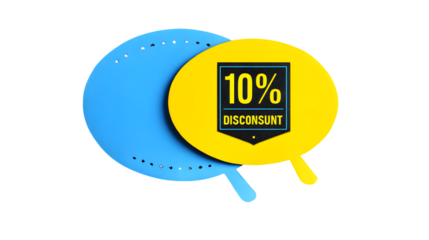 Blue speech bubble with "ten percent discount" on a yellow badge, graphic icon on black background --ar 16:9 --v 7.0