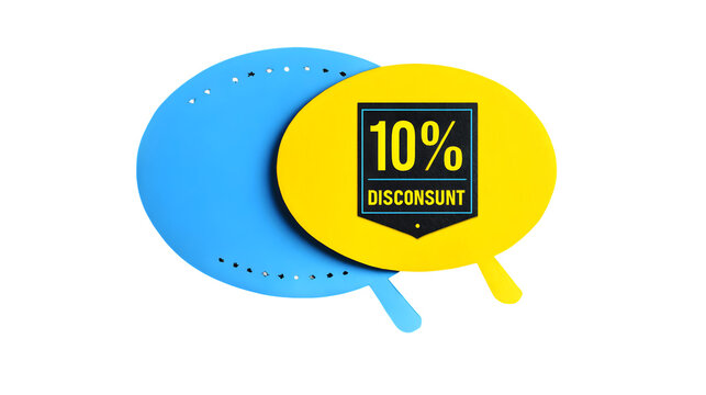 Blue speech bubble with "ten percent discount" on a yellow badge, graphic icon on black background --ar 16:9 --v 7.0 - Powered by Adobe