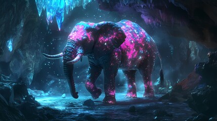 Luminescent elephant in ethereal cave with glowing stalactites, vibrant cosmic patterns, mystical atmosphere.