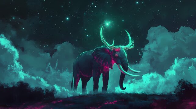 Surreal elephant with glowing tusks amidst cosmic clouds under a starry night sky fantasy wildlife illustration