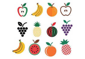 Colorful fruit illustration with apples, bananas, grapes, watermelon, and more