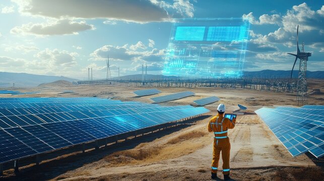 A futuristic solar farm with an engineer analyzing holographic data on energy production.