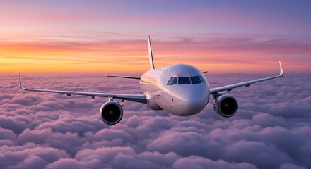 Fototapeta premium Airplane flying above the clouds during sunset, a travel concept for airline brochures and tourism websites