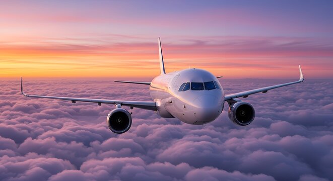 Airplane flying above the clouds during sunset, a travel concept for airline brochures and tourism websites