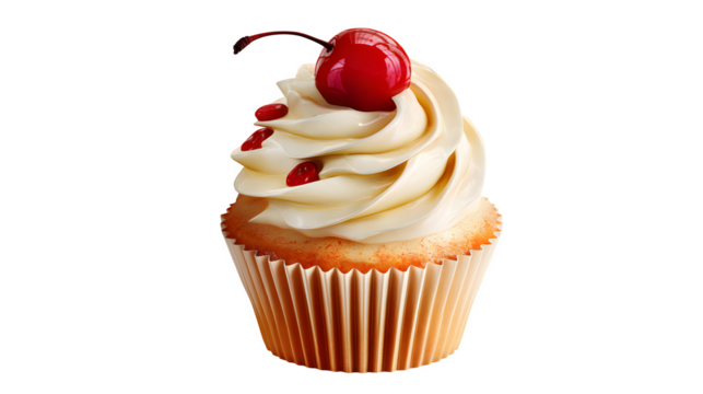 Cupcake with swirl frosting and cherry on top isolated on transparent background, hd realistic 8k, --ar 16:9 --v 7.0