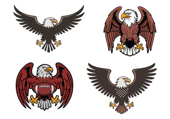Set of eagle illustrations with various poses and football designs