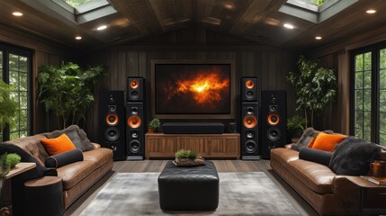 Fototapeta premium Modern Home Theater with Surround Sound and Cozy Seating Arrangement