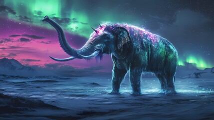 Majestic Mammoth under Aurora Borealis, ethereal glow illuminating icy landscape, cosmic fantasy setting