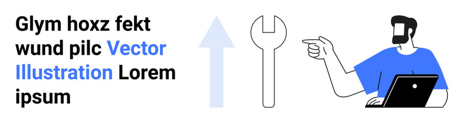 Man holding a laptop gestures toward a wrench and an arrow signifying progress. Ideal for technology, repair, growth, guidance, solutions, innovation, flat landing page banner