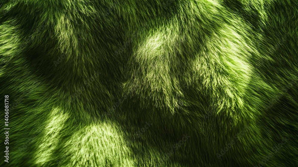 Wall mural close up of green faux fur texture with shadows and highlights creating a soft abstract pattern