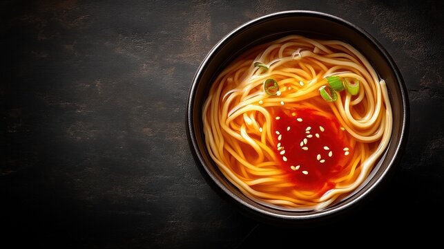 A steaming bowl of noodles with a vibrant red sauce garnished with sesame seeds and green onio