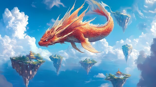 Flying dragonfish in vibrant sky, floating islands, fantasy realm, ethereal clouds, dreamlike adventure.