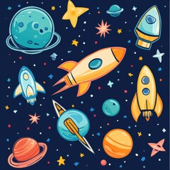 Explore the galaxy with vibrant space-themed stickers featuring rockets, planets, UFOs, and constellations against a deep blue cosmic backdrop