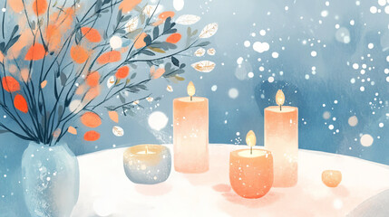 Cozy winter scene with glowing candles on table and floral decor in soft light. Concept of holiday ambiance, winter warmth, relaxation, home comfort, Watercolor illustration