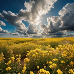 Obraz premium Beautiful field covered with yellow flowers with magnificent clouds in the sky in the