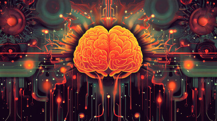 Vibrant Illustration of Human Brain and Innovation in Cartoon Style Highlighting Creativity, Technology, and Neural Connections