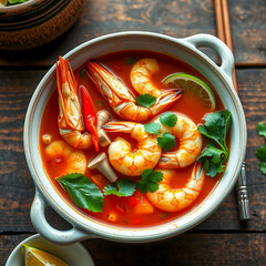 Tom Yum Goong – Traditional Thai Spicy Shrimp Soup with Herbs and Lime