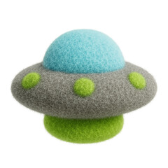Whimsical plush toy shaped like a UFO with a blue dome, gray body, and green accents, designed in soft textured fabric and displayed against a transparent background