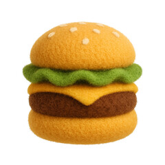 Plush toy hamburger featuring a sesame seed bun, green lettuce, yellow cheese, and a brown patty, crafted with soft textured fabric and shown on a transparent background