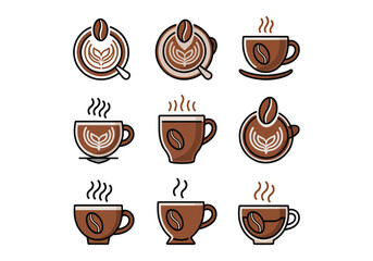 Set of coffee cup illustrations with steam and coffee beans